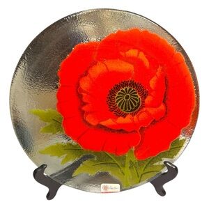 Peggy Karr Vibrant Red Poppy Fused Glass Plate w/ Stand (EUC)